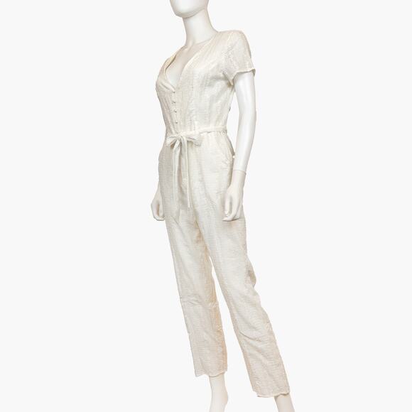 NWT VICI Textured Short-Sleeve V-Neck Belted Button-Up Jumpsuit (White | Size M) - Picture 2 of 11
